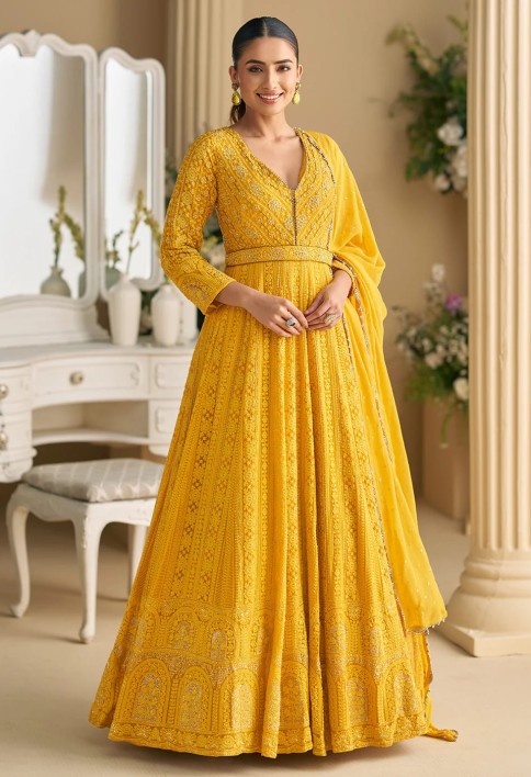 Yellow Chikankari Embroidered Wedding Festive Anarkali Gown